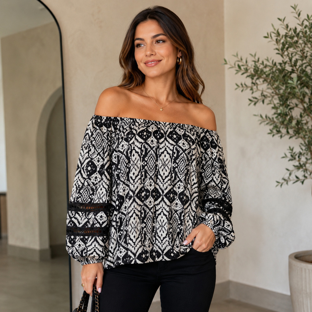 Women's Linen Top XL Black White Geometric Boho Off Shoulder Tribal Resort